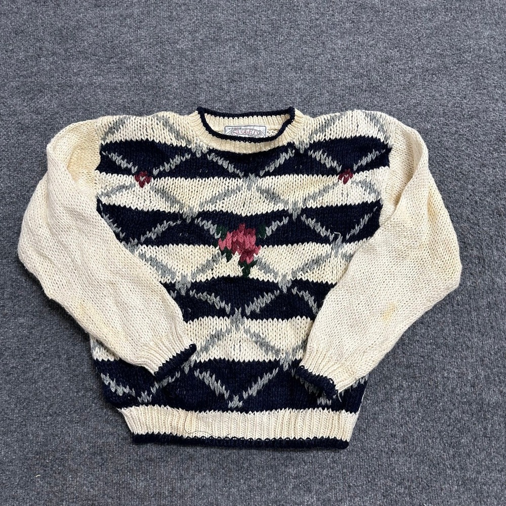 Nuggets Sweater Womens Size M Cream Ramie Blend Floral Argyle Knit 1992 Vintage